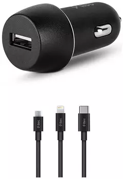 Автомобильное зарядное устройство TTEC SmartCharger, USB, 2.1А, 10.5 Вт, кабель Lightning, Micro USB, USB Type-C, черный (2CKS20TS)