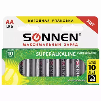 Батарея SONNEN Super Alkaline, AA, 1.5V, 10шт. (454231)