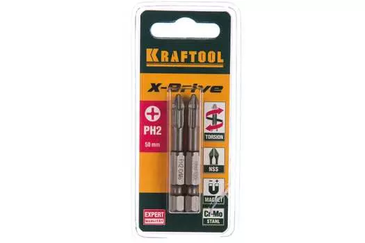 Бита Kraftool ЕХPERT PH2, 50мм, 1/4 (тип Е), магнитная, ударная, 2шт. (26121-2-50-2)