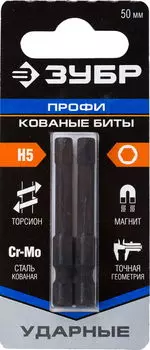 Бита односторонняя ЗУБР Профессионал HEX5, 50мм, 1/4 (тип Е), ударная, 2шт. (26027-5-50-S2)
