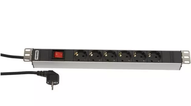 Блок розеток 1U, кол-во розеток: 6 (6xЕвро), черный, выключатель, SHT19-6SH-S-2.5EU, Hyperline