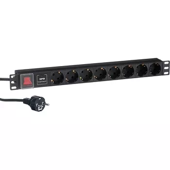 Блок розеток (PDU) ExeGate ServerPro PDU-19H807 Al-8S-EU2CU-SW-SPD1, 1U, кол-во розеток:8 (8xЕвро), черный, кабель питания 2 м (EX280846RUS)