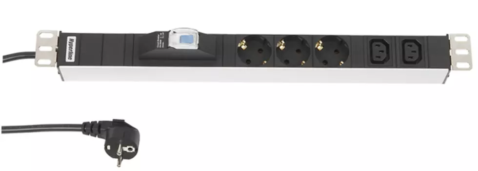 Блок розеток Hyperline для 19" шкафов, горизонтальный, с автоматическим выключателем, 3xSchuko (16A) + 2xIEC 320 C13 (16A), кабель питания Schuko 2.5m (SHT19-3SH-2IEC-B-2.5EU)