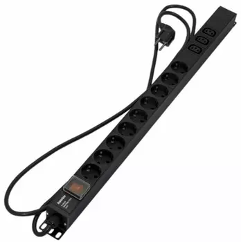 Блок розеток, кол-во розеток: 12 (9xЕвро/3xC13), черный, выключатель, кабель питания 2.5 м, Hyperline (SHE-9SH-3IEC-S-2.5EU)