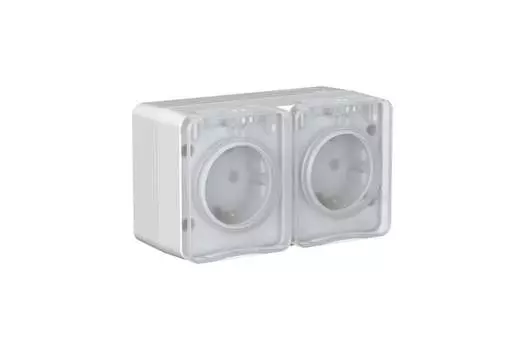 Розетка Systeme Electric (Schneider Electric) AtlasDesign Profi54, открытый монтаж, 2-х постовая, с з/к, со шторками, с крышкой, 16А, в сборе, IP54, серый, 1 шт. (ATN543026)