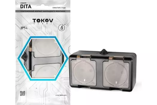 Блок розеток TOKOV ELECTRIC Dita, открытый монтаж, 2-х постовая, с з/к, с крышкой, 16А, в сборе, IP54, с прозрачной крышкой, черный, 1 шт. (TKL-DT-R2Z-C14T-IP54)