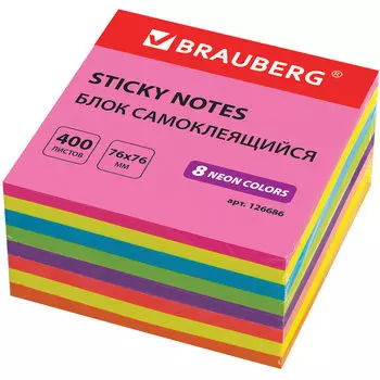 Блок самоклеящийся (стикеры) Brauberg 7.6 см x 7.6 см, 400 листов, неоновый, разноцветный (126686)