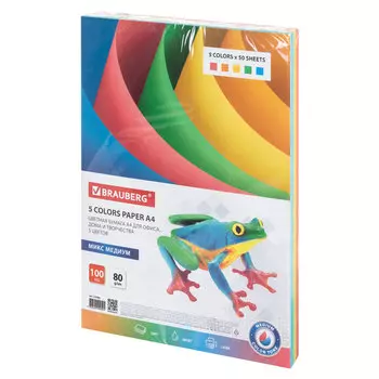 Бумага A4 80г/м 100 листов, радуга медиум (5цветов), BRAUBERG Color Paper (112462)