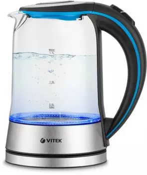 Чайник электрический VITEK VT-7028 1.7л. 2.2 кВт, стекло/металл, серебристый/черный (VT-7028)