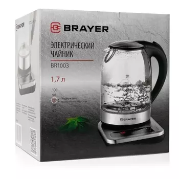 Чайник BRAYER BR1003 1.7л. 2200Вт, закрытая спираль, металл/стекло, черный/серебристый
