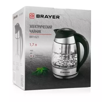 Чайник электрический BRAYER BR1021 1.7л. 2.2 кВт, высокопрочное стекло, серебристый/черный
