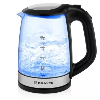 Чайник BRAYER BR1040BK 2л. 200Вт, закрытая спираль, высокопрочное стекло, серебристый/черный