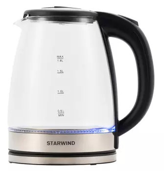 Чайник электрический Starwind SKG4777 1.8л. 2 кВт, пластик/стекло, черный/серебристый