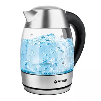 Чайник VITEK VT-7047 1.8л. 2200Вт, скрытый нагревательный элемент, стекло, черный/серебристый (VT-7047)