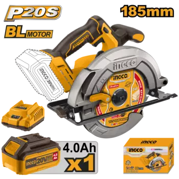 Циркулярная пила Ingco CSLI18511, 4800 об/мин, диаметр диска 18.5 см, аккумуляторная Li-Ion 20 В 1x4 А·ч, АКБ + ЗУ (CSLI18511)