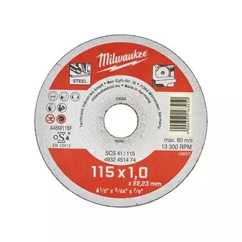 Диск отрезной Milwaukee SCS41 115 мм x 1 мм x 22.2 мм, прямой, для кислостойкой стали, раекс, высоколегированной стали, мягкой и инструментальной стали. Не подходят для нержавеющей стали., 1 шт. (4932451474)