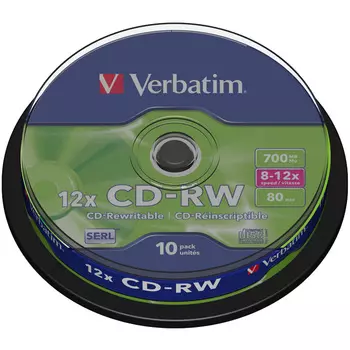 Диск Verbatim CD-RW, 700Mb, 12x, на шпинделе, 10 шт (43480)