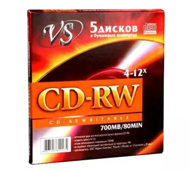 Диск VS CD-RW, 700Mb, 12x, конверт, 5 шт, Printable (VSCDRWK501)
