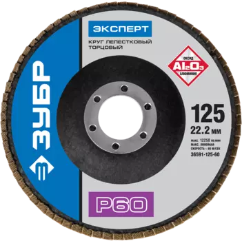 Диски лепестковый шлифовальный Зубр ЭКСПЕРТ ⌀125мм x22.2мм, P60, 1шт., по дереву и металлу (36591-125-60)