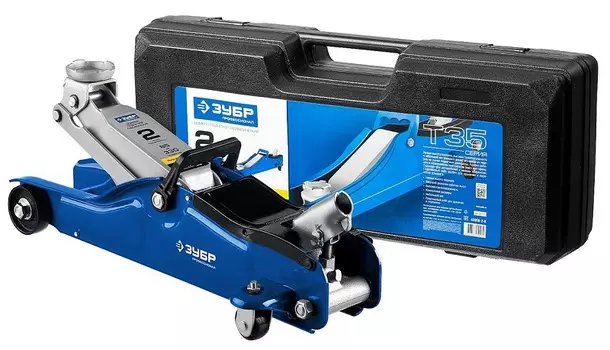 Домкрат ЗУБР Профессионал Т35, подкатной гидравлический, 2 т, 8.5 см-33 см, кейс (43056-2-K)