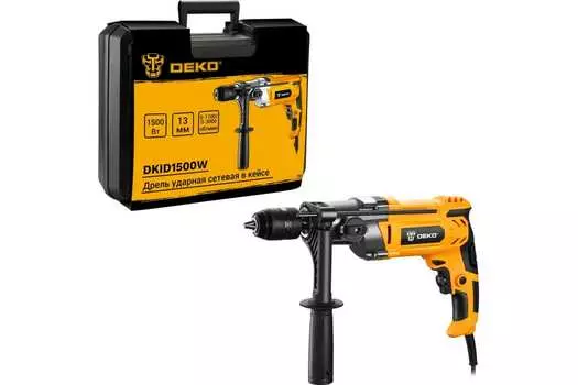 Дрель Deko DKID1500W, сетевая, 1.5 кВт, 3300 об/мин, ударная, быстрозажимной патрон, кейс, 2.9 кг (063-4322)