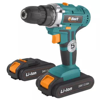 Дрель-шуруповерт Bort BAB-24UX2LI-FDK, аккумуляторный, 35 Н·м, 1350 об/мин, 24V, 2 А·ч, Li-Ion, два акб, быстрозажимной патрон, 1.3кг (91279934)