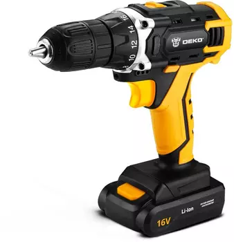 Дрель-шуруповерт DEKO DKCD16FU-Li, аккумуляторный, 32 Н·м, 1350 об/мин, 16V, 1.5 А·ч, Li-Ion, два акб, быстрозажимной патрон, кейс, 2.2кг (063-4099)