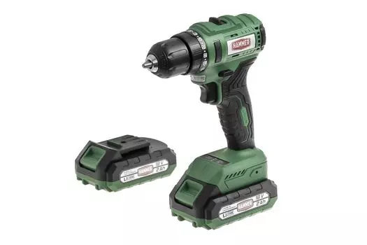Дрель-шуруповерт Hammer ACD18BLC, аккумуляторный, 45 Н·м, 1400 об/мин, 18V, 2 А·ч, Li-Ion, два акб, быстрозажимной патрон, кейс, 2.1кг