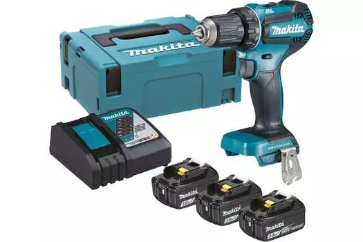 Дрель-шуруповерт Makita DDF485RF3J, аккумуляторный, 50 Н·м, 1900 об/мин, 18V, 3 А·ч, Li-Ion, 3, быстрозажимной патрон, кейс, 1.7кг