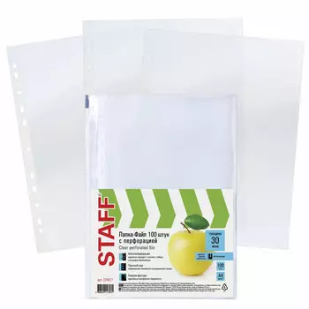 Файл-вкладыш Staff, А4, 30мкм, глянцевая поверхность, 100шт. (224917)
