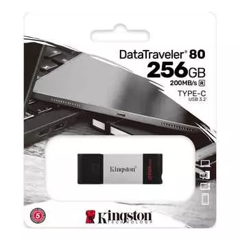 Флешка 256Gb USB 3.2/Type-C Kingston Data Traveler 80, черный/серебристый (DT80/256GB)