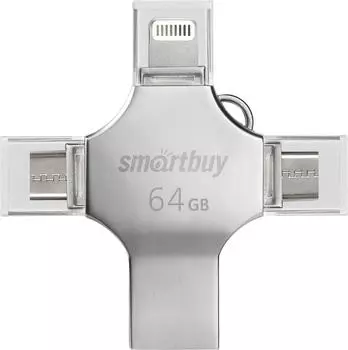 Флешка 64Gb USB 3.0/Lightning/USB Type-C/micro USB SmartBuy MC15 Metal Quad 4-in-1, серебро (SB064GBMC15)