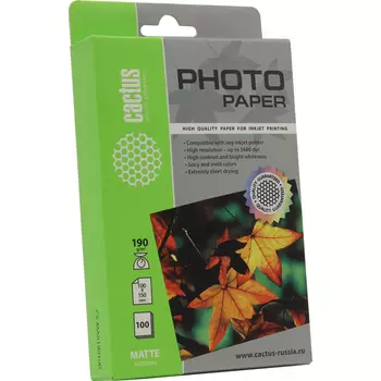 Фотобумага 10x15 190 г/м матовая, 100 листов, односторонняя, Cactus CS-MA6190100/CS-MA6190100 для струйной печати