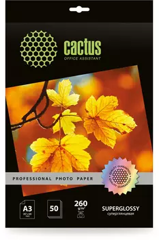 Фотобумага A3 260 г/м суперглянцевая, 50 листов, односторонняя, Cactus Professional CS-HGA326050 для струйной печати