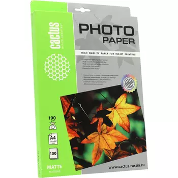 Фотобумага A4 190 г/м матовая, 100 листов, односторонняя, Cactus CS-MA4190100 для струйной печати