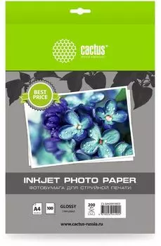 Фотобумага A4 200 г/м глянцевая, 100 листов, односторонняя, Cactus Every Day CS-GA4200100ED для струйной печати