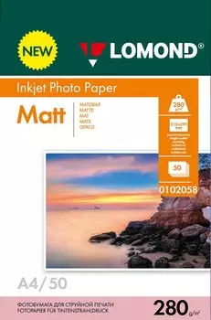 Фотобумага A4 280 г/м матовая, 50 листов, односторонняя, Lomond 0102058 для струйной печати