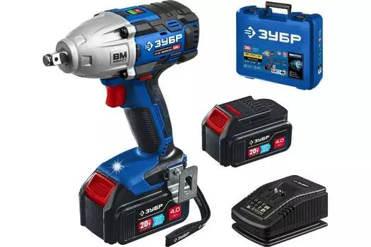 Гайковерт ЗУБР Brushless GB-500-42, аккумуляторный, ударный, 500 нм, квадрат 1/2", 4 А·ч, Li-Ion, 20 В, два аккумулятора, кейс, 2.3 кг (GB-500-42) бесщеточный