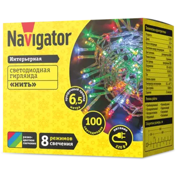 Гирлянда NAVIGATOR NGF-S01-100RGBY-5-6.5m-230-C8-TR-IP20 светодиодная нить, ламп: 100шт., 11.5м, режимов: 8, от сети, разноцветный (80667 )