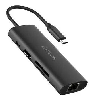Концентратор A4Tech DST-80C, 1xUSB 2.0, 1xUSB 3.0, 2 (1 для доп. питания)xUSB-C, серый + 1xHDMI, 1xLAN, SD&TF (DST-80C)