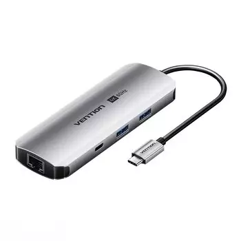 Концентратор Vention TQMHB, 2xUSB 3.0, 2 (1 для доп. питания)xUSB-C, серый + 1xHDMI 4K, 1xRJ-45 Ethernet, 1xSD-Card, 1xMicroSD, 1xAudio Output (TQMHB)