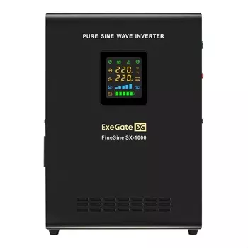 Инвертор ExeGate FineSine SX-1000/HR 12-40 (12В, 40Ач), 1000 В·А, 600 Вт, EURO, розеток - 2, черный (EX296544RUS) (в комплекте внешний аккумулятор)