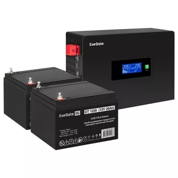 Инвертор ExeGate IdealSine IdealSine SR-1500/2 x DT 1226 (12В, 26Ач) , 1500 В·А, 1.5 кВт, EURO, розеток - 2, черный (EX297426RUS) (в комплекте внешний аккумулятор)