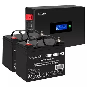 Инвертор ExeGate IdealSine IdealSine SR-1500/2 x DT 1233 (12В, 33Ач), 1500 В·А, 1.5 кВт, EURO, розеток - 2, черный (EX297428RUS) (в комплекте внешний аккумулятор)