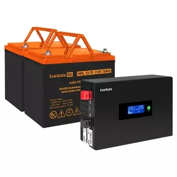 Инвертор ExeGate IdealSine IdealSine SR-1500/2 x HRL 12-75 (12В, 75Ач) , 1500 В·А, 1.5 кВт, EURO, розеток - 2, черный (EX297438RUS) (в комплекте внешний аккумулятор)