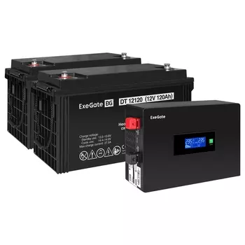 Инвертор ExeGate IdealSine IdealSine SR-1500/2 x DT 12120 (12В, 120Ач) , 1500 В·А, 1.5 кВт, EURO, розеток - 2, черный (EX297443RUS) (в комплекте внешний аккумулятор)