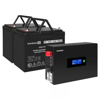 Инвертор ExeGate IdealSine IdealSine SR-1500/2 x DT 1275 (12В, 75Ач) , 1500 В·А, 1.5 кВт, EURO, розеток - 2, черный (EX297437RUS) (в комплекте внешний аккумулятор)