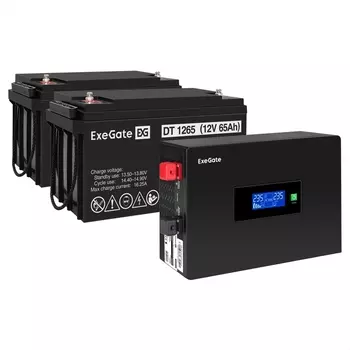 Инвертор ExeGate IdealSine IdealSine SR-1500/2 x DT 1265 (12В, 65Ач), 1500 В·А, 1.5 кВт, EURO, розеток - 2, черный (EX297435RUS) (в комплекте внешний аккумулятор)