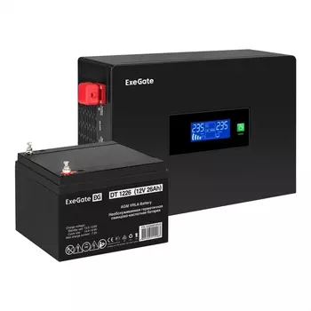Инвертор ExeGate IdealSine SR-1000/DT 1226 (12В, 26Ач) , 1000 В·А, 1 кВт, EURO, розеток - 2, черный (EX297403RUS) (в комплекте внешний аккумулятор)