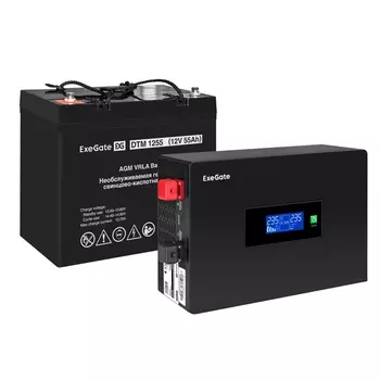 Инвертор ExeGate IdealSine SR-1000/DTM 1255 (12В, 55Ач) , 1000 В·А, 1 кВт, EURO, розеток - 2, черный (EX297411RUS) (в комплекте внешний аккумулятор)